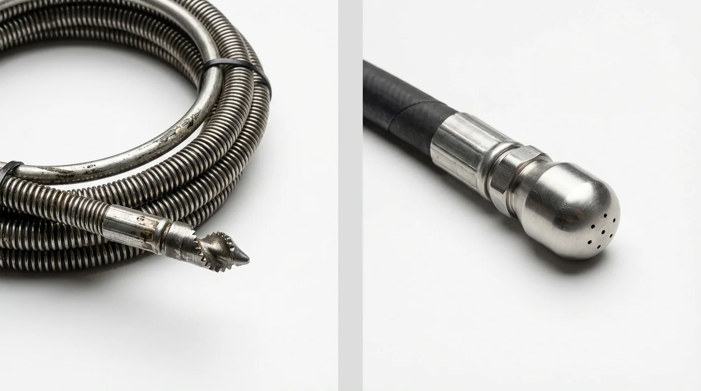 Drain snake cable and hydro jetting nozzle used for drain cleaning in West Lafayette, OH