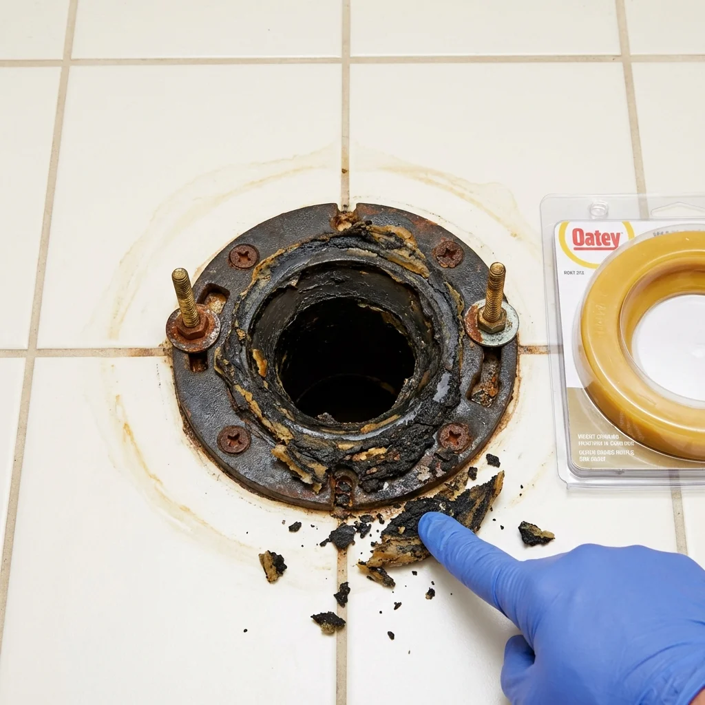 Failed wax ring showing water seepage at the base of a toilet in a West Lafayette, OH home