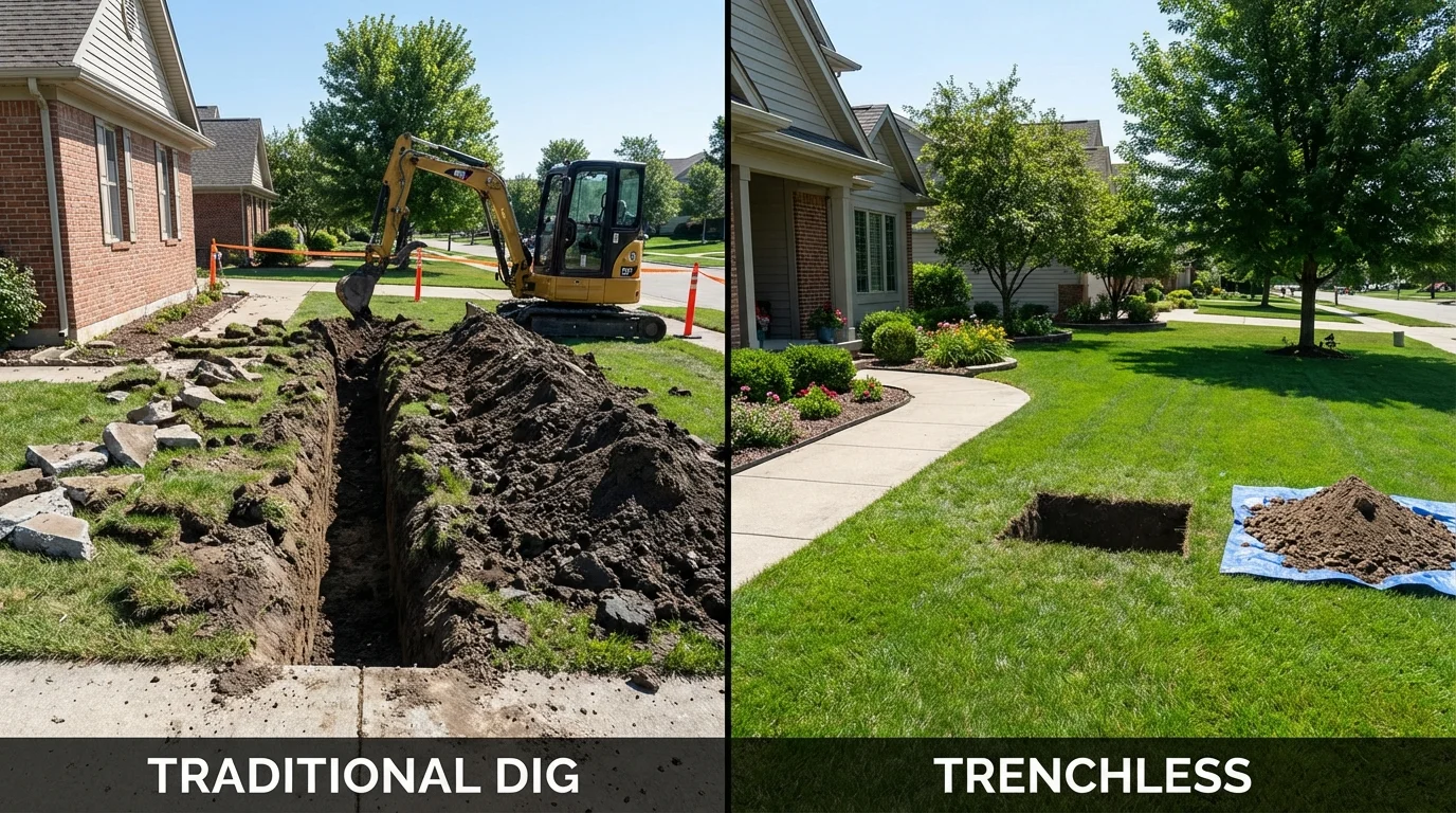 Trenchless sewer repair with minimal yard damage versus traditional excavation in West Lafayette, OH