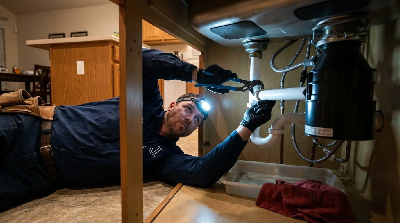 P-trap and supply line connections under a kitchen sink showing a common leak point in West Lafayette, OH